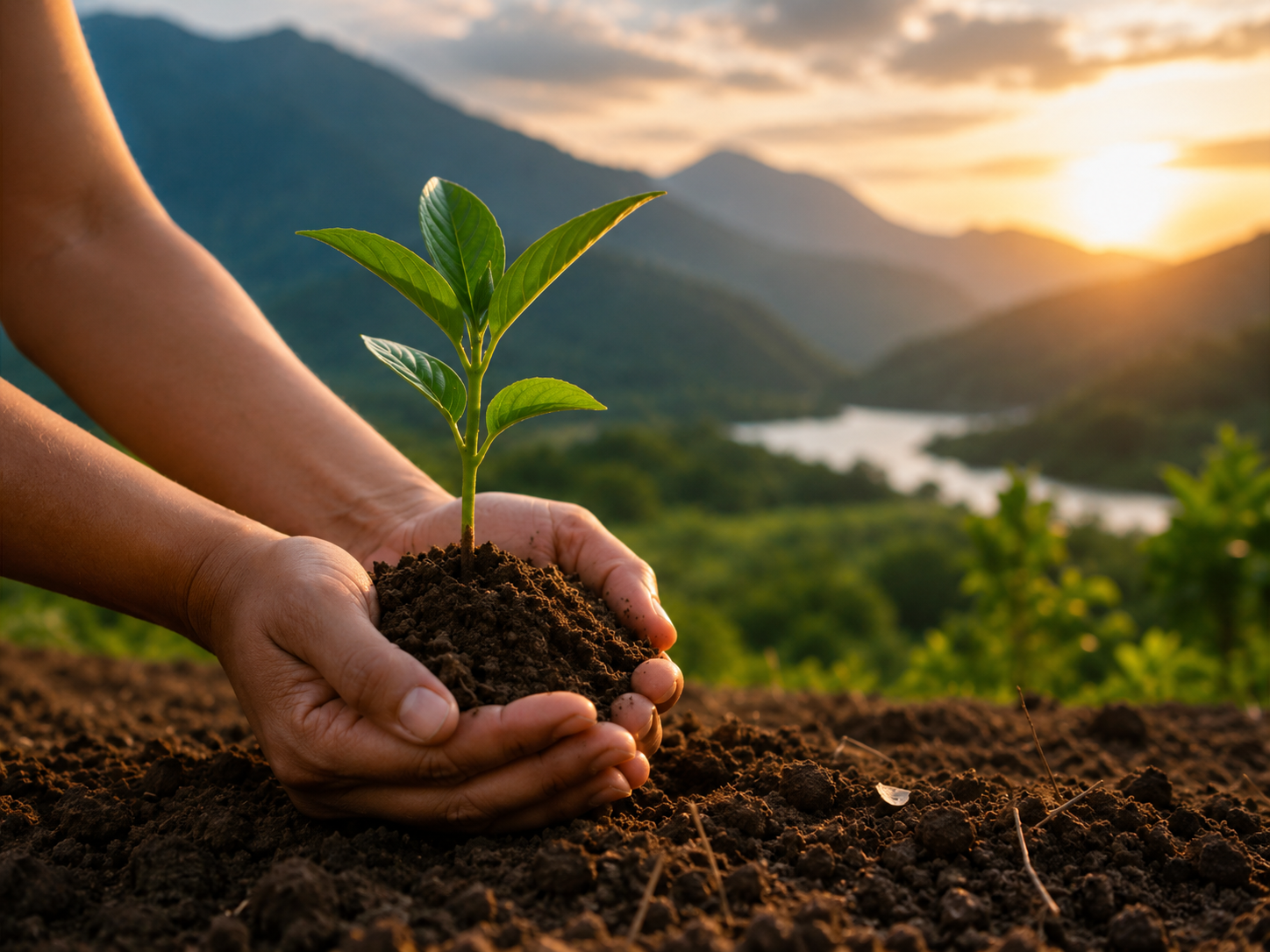 Manos sosteniendo una planta joven en un entorno natural