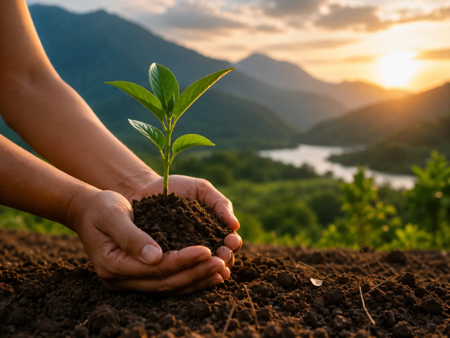 Manos sosteniendo una planta joven en un entorno natural
