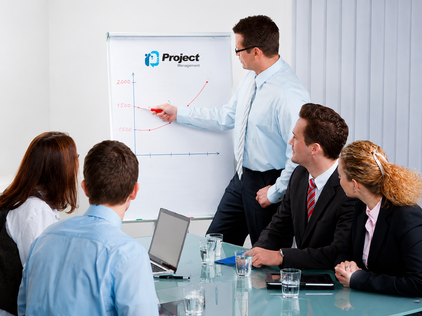 Consultor presentando indicadores a un equipo ejecutivo