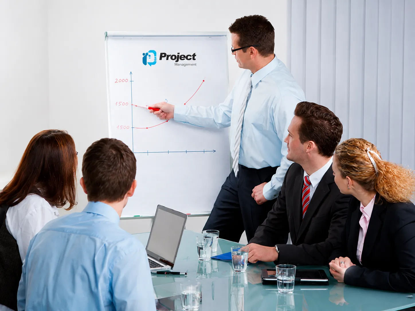 Consultor presentando indicadores a un equipo ejecutivo